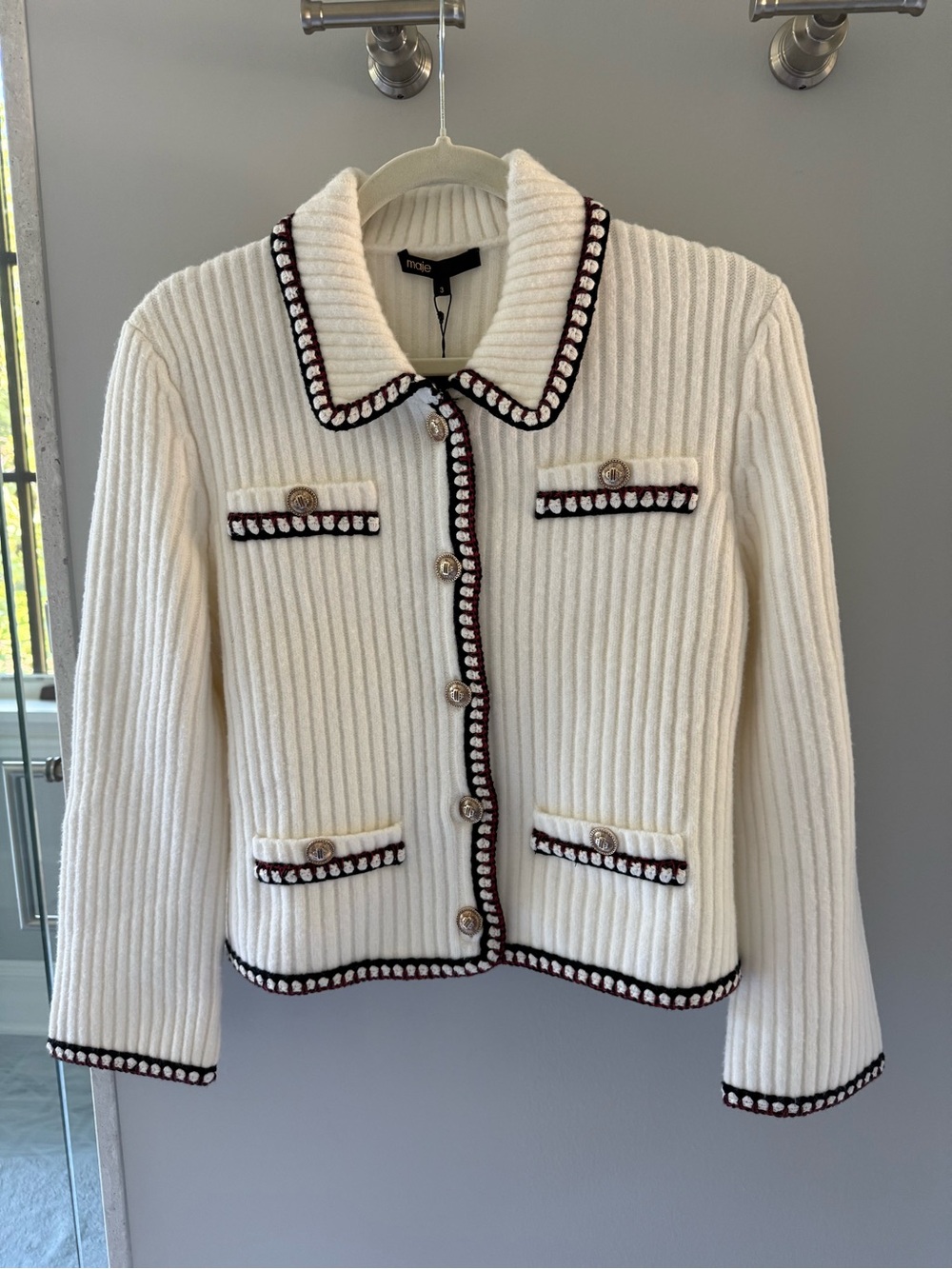 Maje Cream Ribbed Knit Blazer with Black and Burgundy Trim